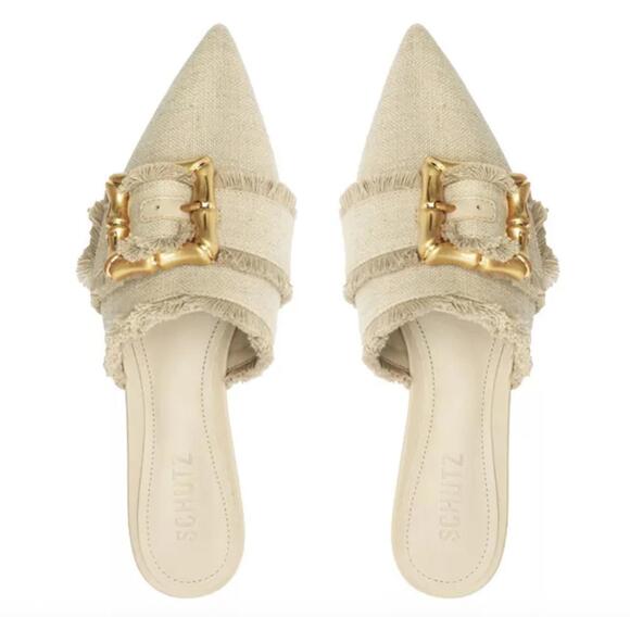 SCHUTZ Shoes - Schutz size 6.5 B Beige Frayed Mules Gold‎ tan canvas Buckle Womens